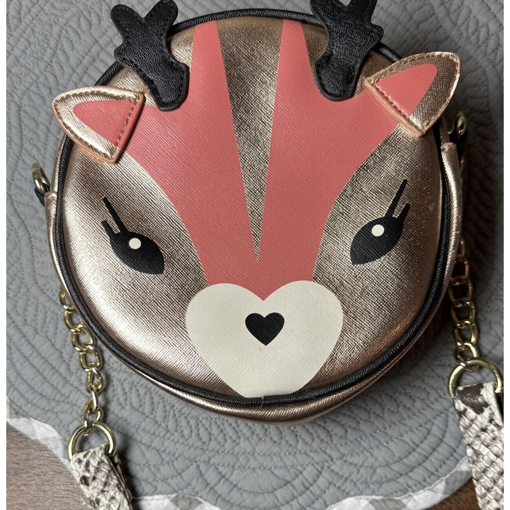 Betsey  Johnson luv crossbody handbag Deer Holiday Gold Pink Faux Snakeskin W/ch
